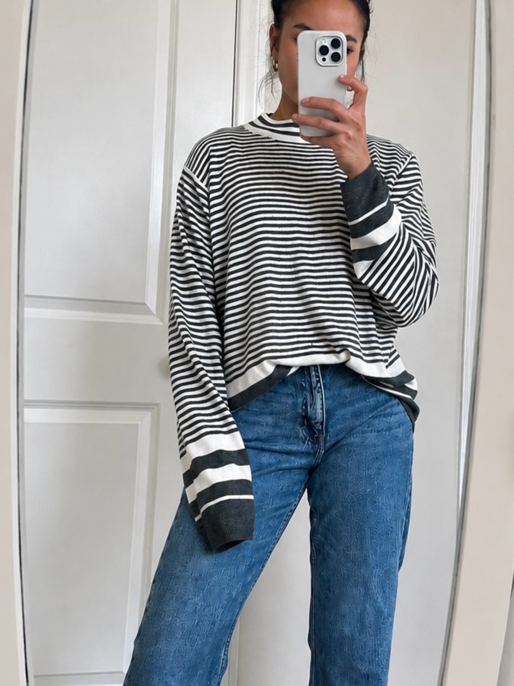 Sag Harbor Striped Soft Cozy Boyfriend Sweater White Grey Mock Neck Size M